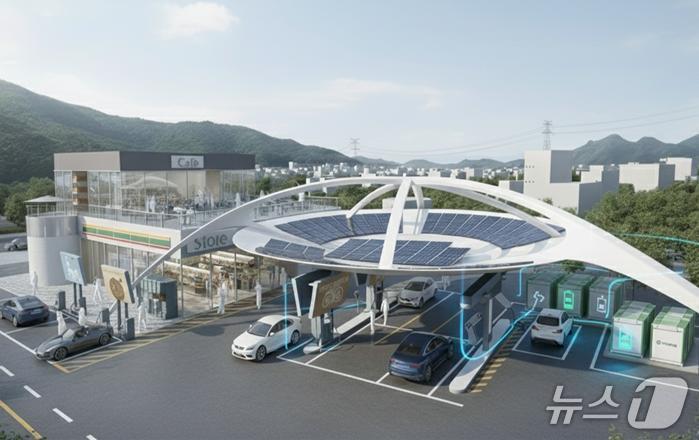 본문 이미지 - 태양광+ESS 전기차 충전 가능 주유소 조감도(대한상공회의소 제공)