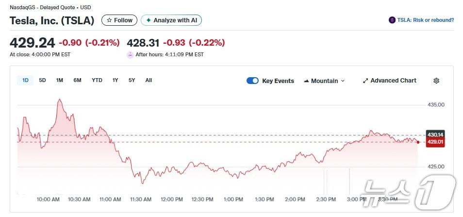 본문 이미지 - 테슬라 일일 주가추이 - 야후 파이낸스 갈무리