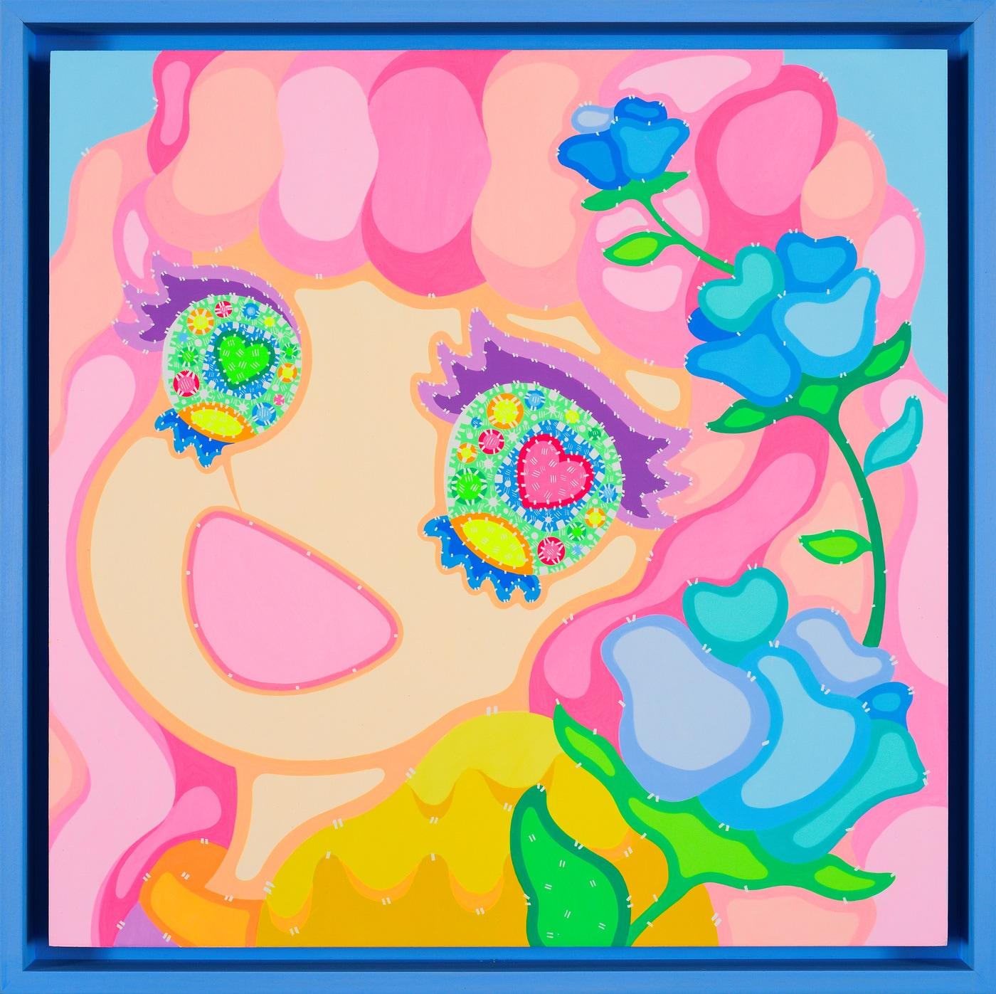 본문 이미지 - 이사라, Wonderland, 42x42cm, Acrylic on canvas, sky blue frame, 2025 (갤러리 나우 제공)