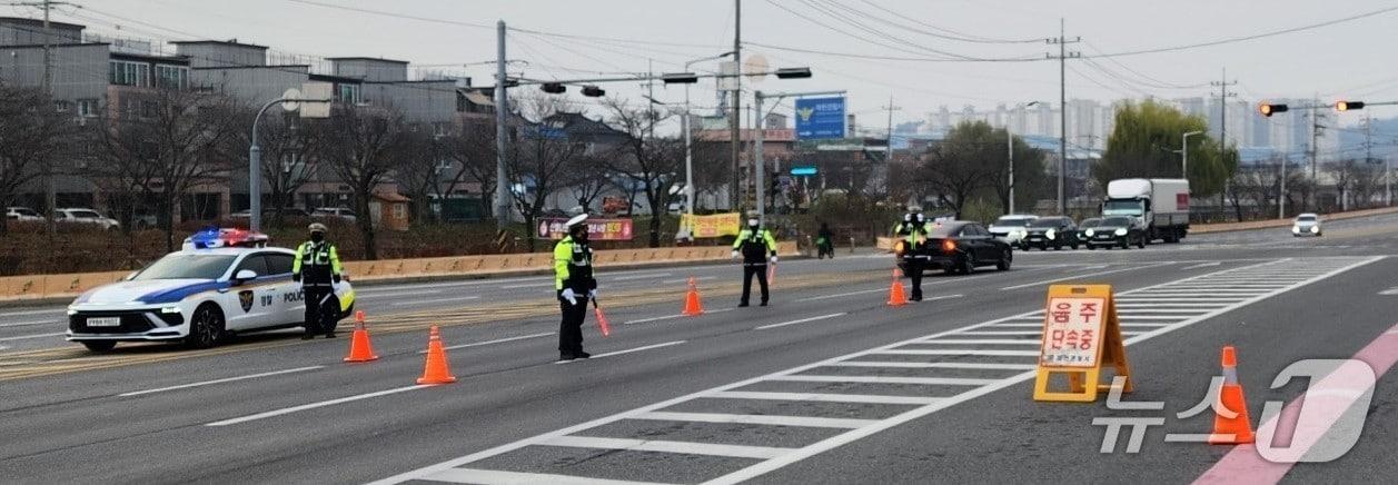 본문 이미지 -  대낮 제천시 주요 도로에서 음주단속하는 제천경찰.&#40;제천경찰서 제공. 재판매 및 DB금지&#41;./뉴스1 