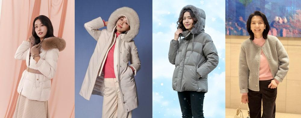 본문 이미지 - 패션그룹형지가 올 겨울 아우터 트렌드로 가벼운 다운, 퍼트리밍, 에코퍼 등을 제시했다. 왼쪽부터 크로커다일레이디의 누베다운, 크로커다일레이디의 퍼트리밍 다운, 샤트렌의 퍼트리밍 다운, 올리비아하슬러의 에코퍼 점퍼.&#40;패션그룹형지제공&#41;