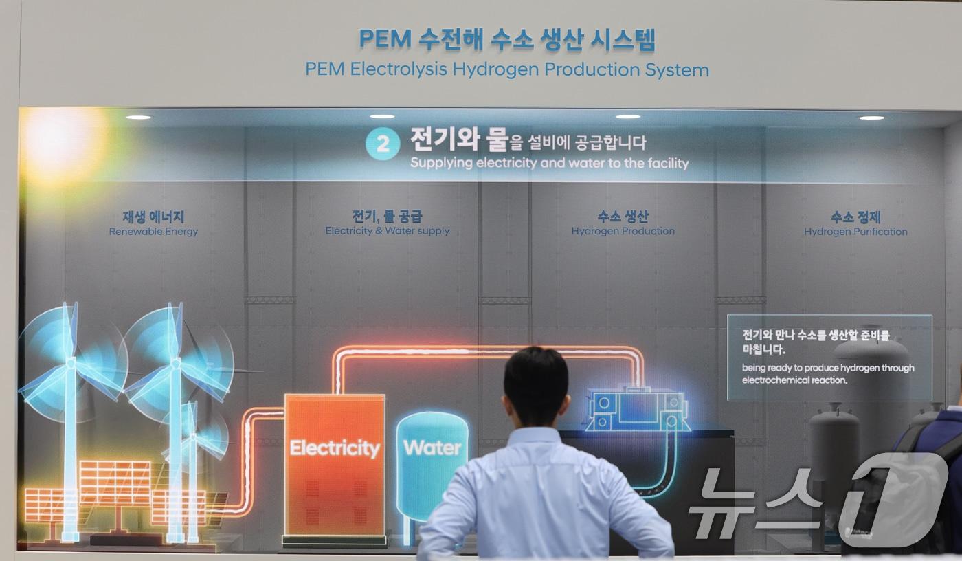 본문 이미지 - 지난해 12월 경기도 고양시 일산서구 킨텍스(KINTEX)에서 열린 '세계 수소 엑스포 2025(월드 하이드로젠 엑스포)'에서 현대자동차 그룹 부스를 찾은 관람객이 PEM 수전해 수소 생산 시스템을 살펴보는 모습(자료사진). 2025.12.4 ⓒ 뉴스1 황기선 기자