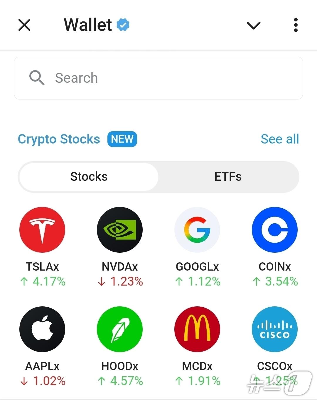 본문 이미지 - 텔레그램 가상자산 지갑에서 미국 주식 거래를 지원하는 화면.