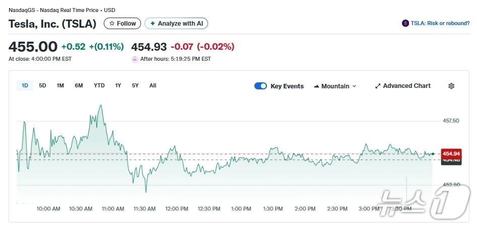 본문 이미지 - 테슬라 일일 주가추이 - 야후 파이낸스 갈무리