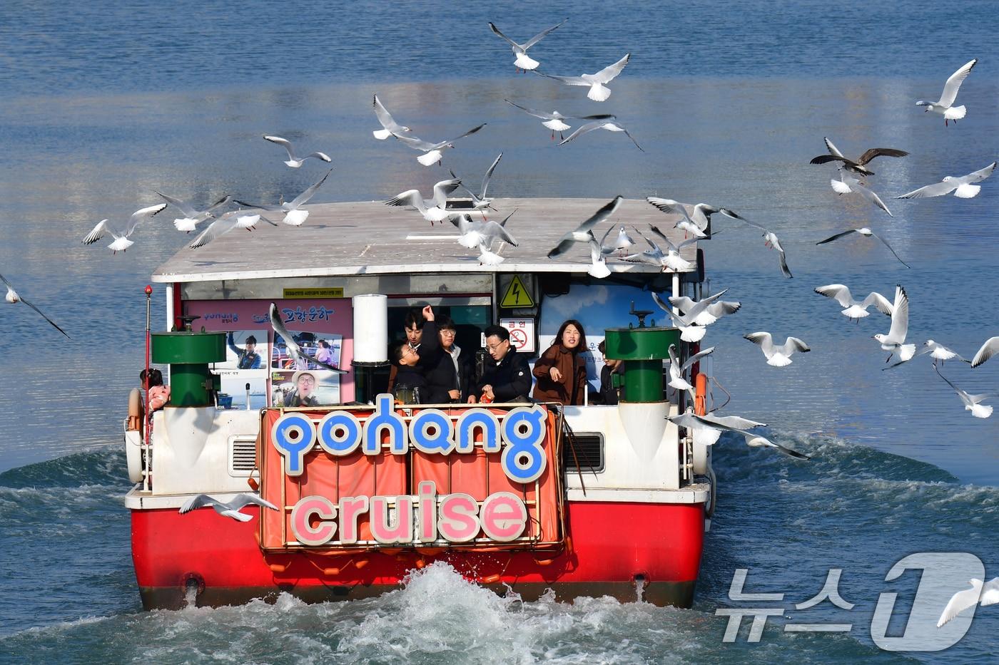 절기상 대설 &#40;大雪&#41;인 7일 경북 포항시 동빈내항에서 포항운하 크루즈선을 탄 관광객들이 갈매기들에게 새우맛 과자를 던져주고 있다. 2025.12.7/뉴스1 ⓒ News1 최창호 기자