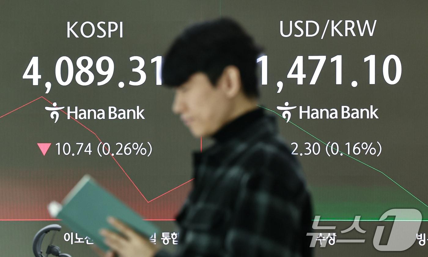 8일 서울 중구 하나은행 딜링룸 전광판에 코스피 등 시황이 표시되고 있다. 이날 코스피는 전 거래일 대비 9.20p&#40;0.22%&#41; 오른 4109.25, 코스닥은에 3.78p&#40;0.41%&#41; 상승한 928.52에 거래를 시작했다. ⓒ News1 김도우 기자