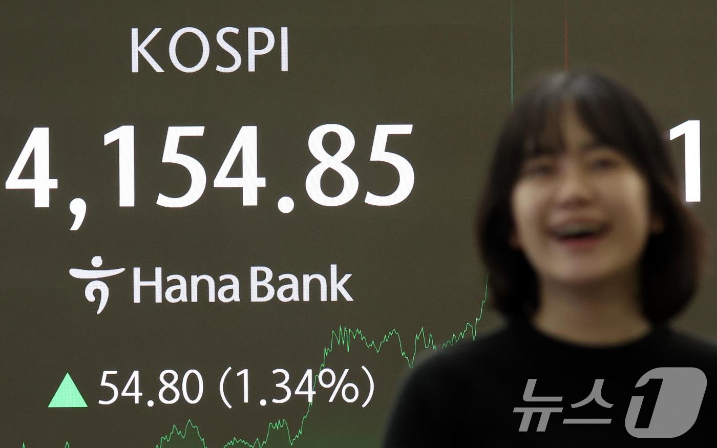 8일 오후 서울 중구 하나은행 딜링룸 전광판에 증시 종가 시황이 나타나고 있다. 이날 코스피 지수는 전 거래일 대비 54.80포인트&#40;1.34%&#41; 오른 4,154.85로, 코스닥 지수는 전 거래일 대비 3.05포인트&#40;0.33%&#41; 오른 927.79로 장을 마감했다. 2025.12.8/뉴스1 ⓒ News1 김명섭 기자