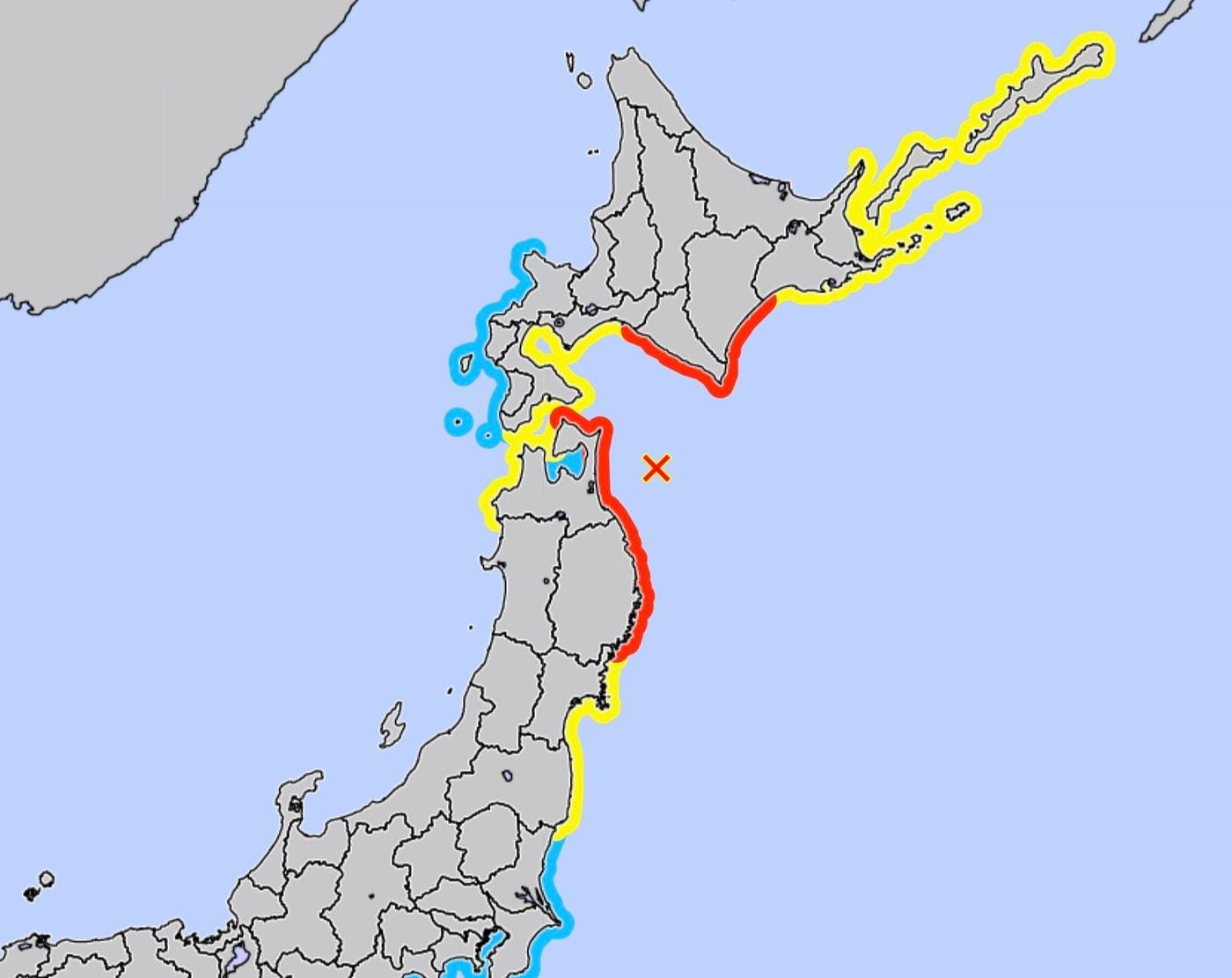 본문 이미지 - 8일 오후 11시 15분쯤 일본 동북부 아오모리현 근해에서 규모 7.6의 지진이 발생해 이와태현과 아오모리현 각지에 쓰나미 주의보가 발령됐다. 지도에서 노란색으로 표시된 지역이 쓰나미 주의보, 빨간색으로 표시된 지역이 쓰나미 경보 발령 지역. &#40;사진=일본 기상청 갈무리&#41;