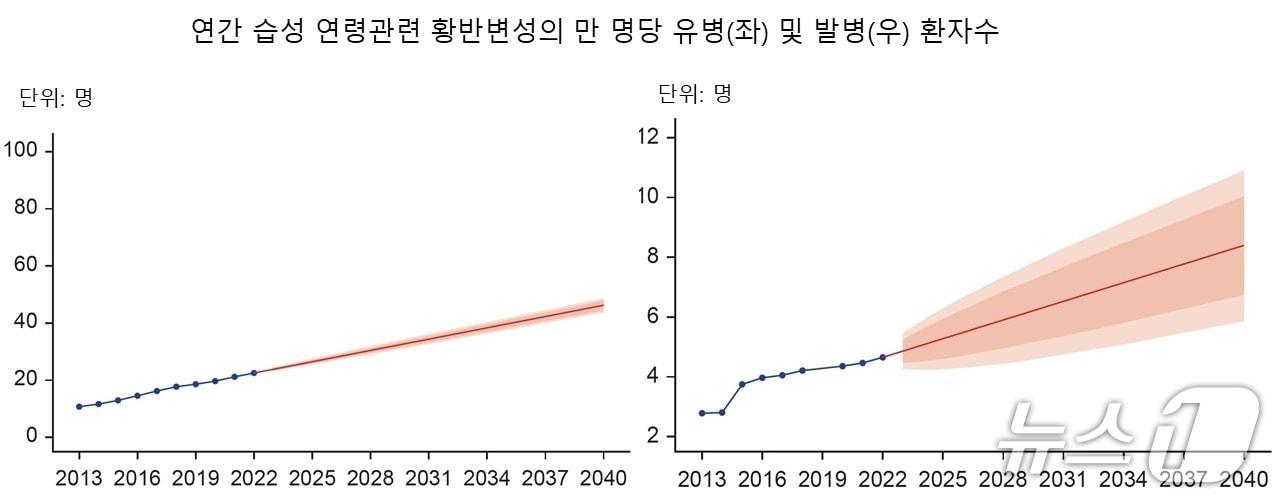 본문 이미지 - 연간 습성 연령관련 황반변성의 만 명당 유병&#40;좌&#41; 및 발병&#40;우&#41; 환자수. 2013년부터 2022년까지는 건강보험공단 청구자료를 분석해 실제 환자수를 반영했으며, 이후는 시계열 분석으로 예측한 수치다.&#40;분당서울대병원 제공&#41;