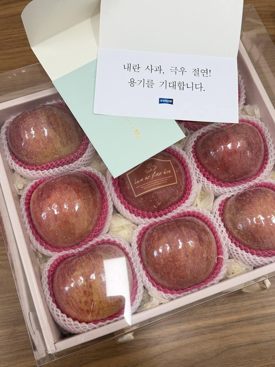 본문 이미지 - 조국혁신당은 9일 국민의힘에 환대 답례품으로 사과&#40;과일&#41;를 전달했다.&#40;조국혁신당 제공&#41; ⓒ 뉴스1