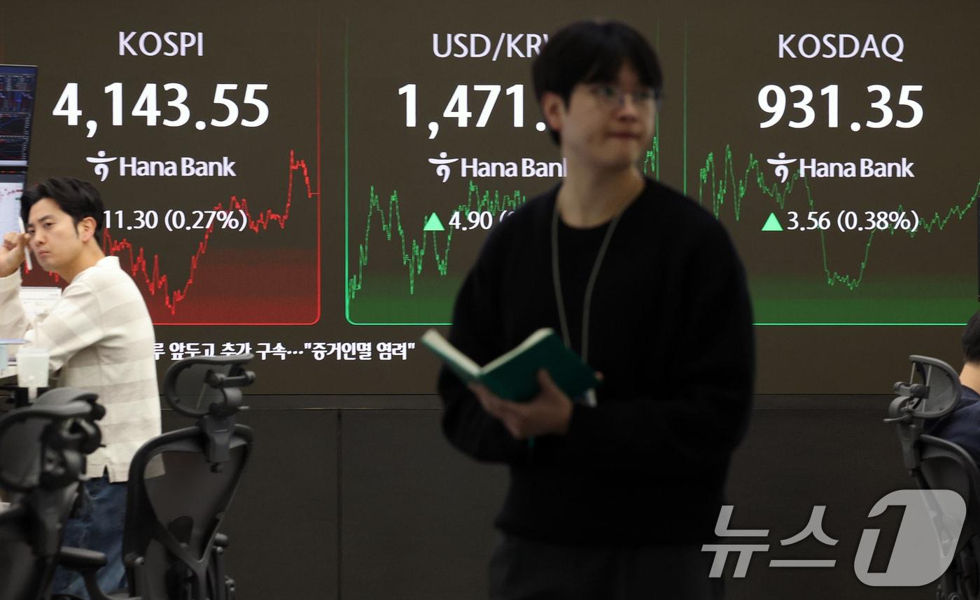 전날인 9일 오후 서울 중구 하나은행 본점 딜링룸 전광판에 종가가 표시되고 있다.  2025.12.9/뉴스1 ⓒ News1 오대일 기자