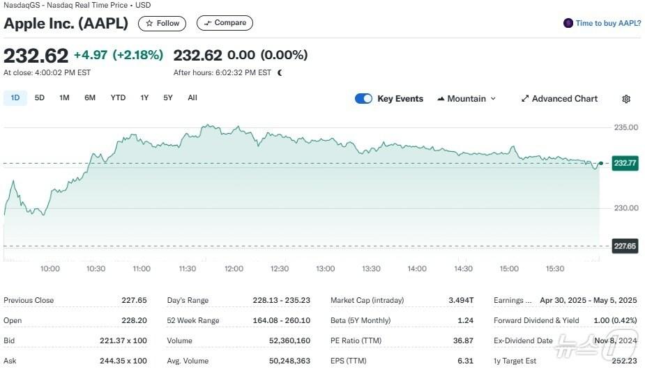 본문 이미지 - 애플 일일 주가추이 - 야후 파이낸스 갈무리