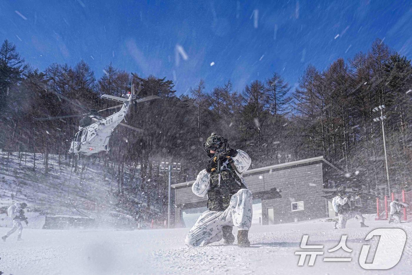 해병대사령부는 해병대 특수수색대대와 1·2사단 수색대대가 지난 4일부터 오는 28일까지 평창 산악종합훈련장과 황병산 일대에서 순차적으로 동계 작전수행능력을 향상시키기 위해 '2025년 동계 설한지 훈련'을 진행한다고 12일 밝혔다. 해병대 수색대대 장병들이 상륙기동헬기(마린온)로 기동 후, 패스트로프로 신속히 침투하며 주변을 경계하고 있다. (해병대사령부 제공. 재판매 및 DB 금지) 2025.2.12/뉴스1