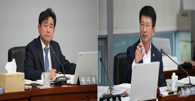 본문 이미지 - 윤수봉&#40;왼쪽&#41;·권요안 전북자치도의원이 &#39;통합 시군 상생벌전 지원 조례안&#39; 상임위 통과를 반대하고 있다.&#40;의회제공 제공 재판매 및 DB금지&#41;2025.2.12/뉴스1