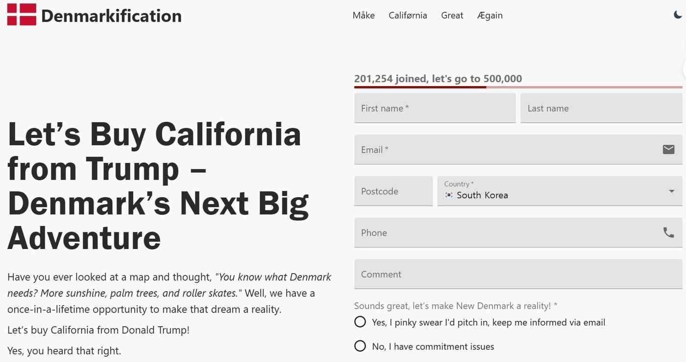 미국 캘리포니아주 구매 운동 사이트인 &#39;덴마키피케이션&#40;denmarkification&#41;&#39; 첫 화면.