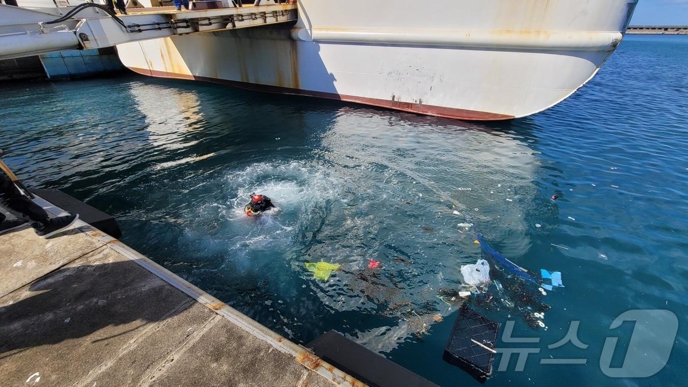 13일 오후 2시4분 쯤 제주시 건입동 제주항에서 1톤 트럭이 정박 중인 여객선과 충돌한 후 바다로 추락했다.(제주도소방안전본부 제공. 재판매 및 DB금지)2025.2.13/뉴스1