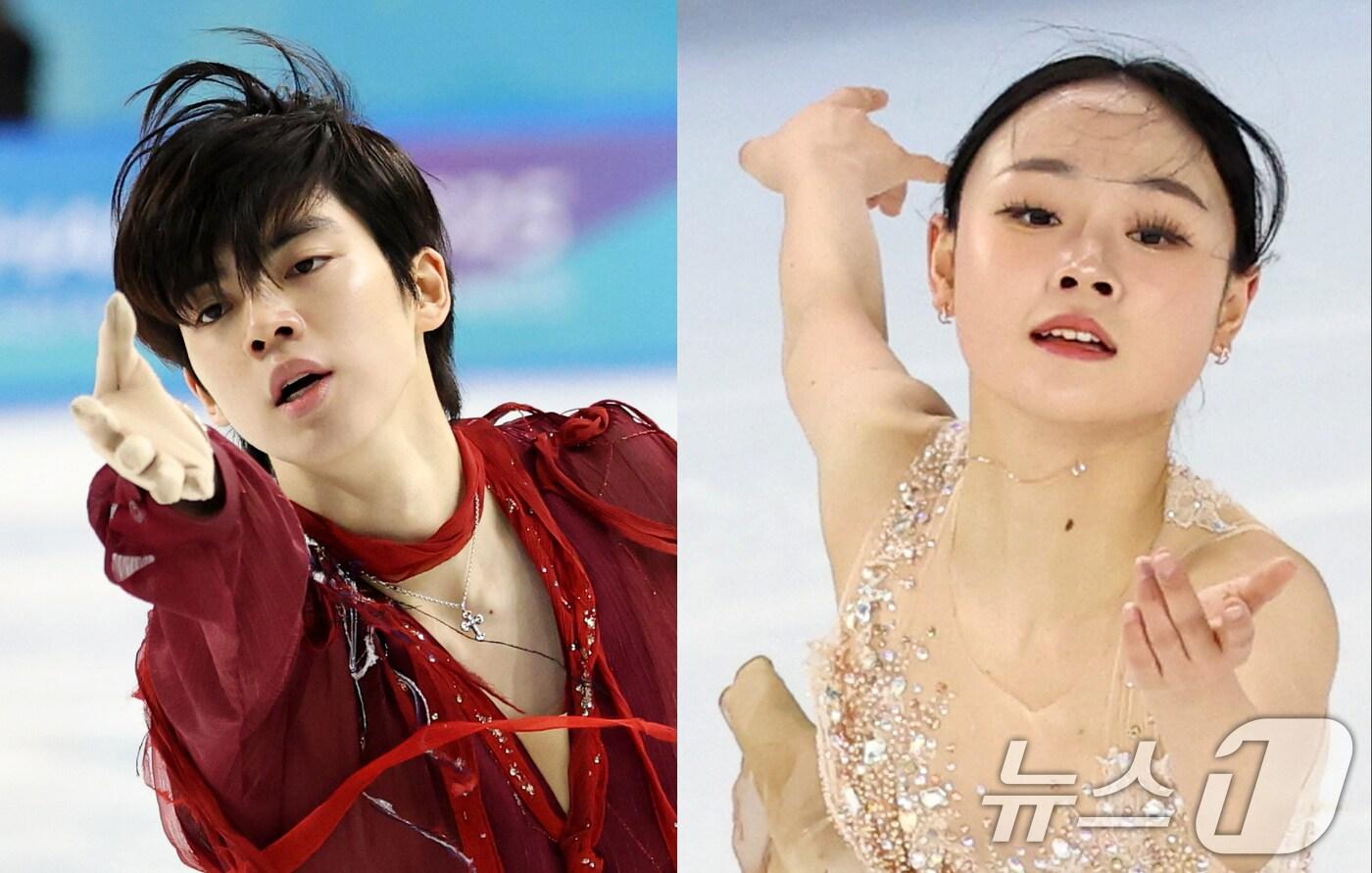 차준환(왼쪽)과 김채연이 13일 중국 헤이룽장성 하얼빈 빙상훈련센터 다목적홀에서 열린 하얼빈 동계아시안게임 피겨 싱글 프리스케이팅에서 연기를 펼치고 있다. 차준환과 김채영은 이날 피겨 싱글 프리스케이팅에서 나란히 금메달을 차지했다. 2025.2.13/뉴스1 ⓒ News1 이승배 기자