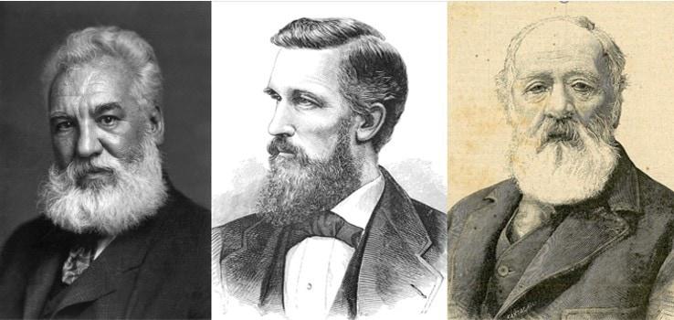 본문 이미지 - 왼쪽부터 알렉산더 그레이엄 벨. (출처: Unknown author(1904), Public domain, via Wikimedia Commons) / 일라이셔 그레이. (출처: Unknown author(1878), Public domain, via Wikimedia Commons) / 안토니오 무치. (출처: Francesco Giovanni Cantagalli(1899) Public domain, via Wikimedia Commons)