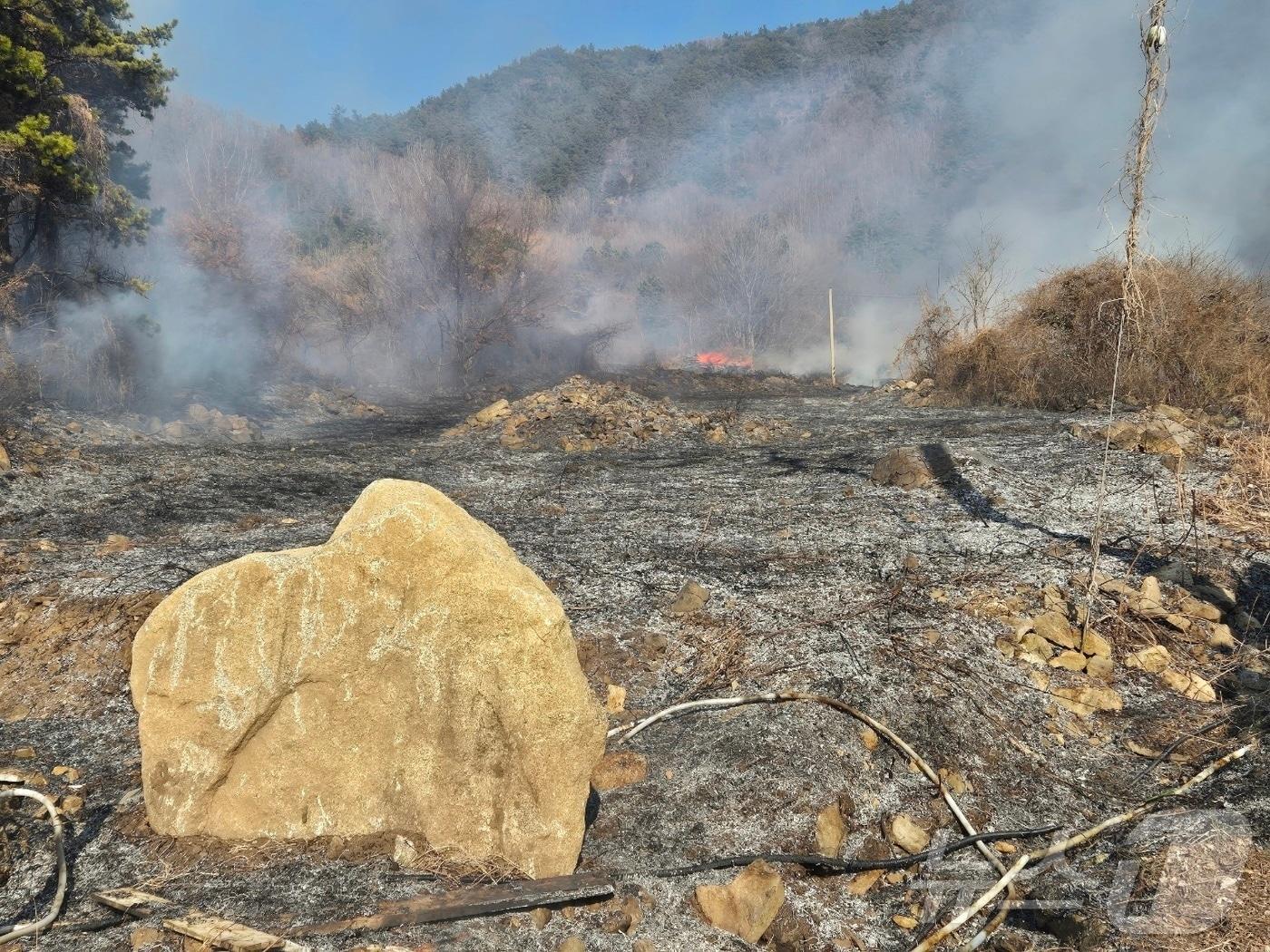 본문 이미지 - 14일 오후 3시 16분쯤 전남 순천시 낙안면 한 야산에서 불이 나 연기가 피어오르고 있다.(산림당국 제공. 재판매 및 DB금지)2025.2.14/뉴스1
