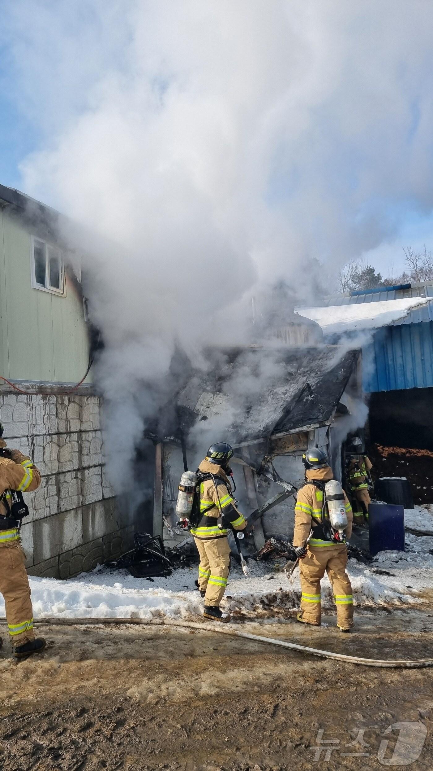 본문 이미지 - 16일 오전 9시 21분께 전북자치도 임실군 신평면 덕암리 축사에서 화재가 발생했다.(소방본부제공. 재판매 및 DB금지)2025.2.16/뉴스1