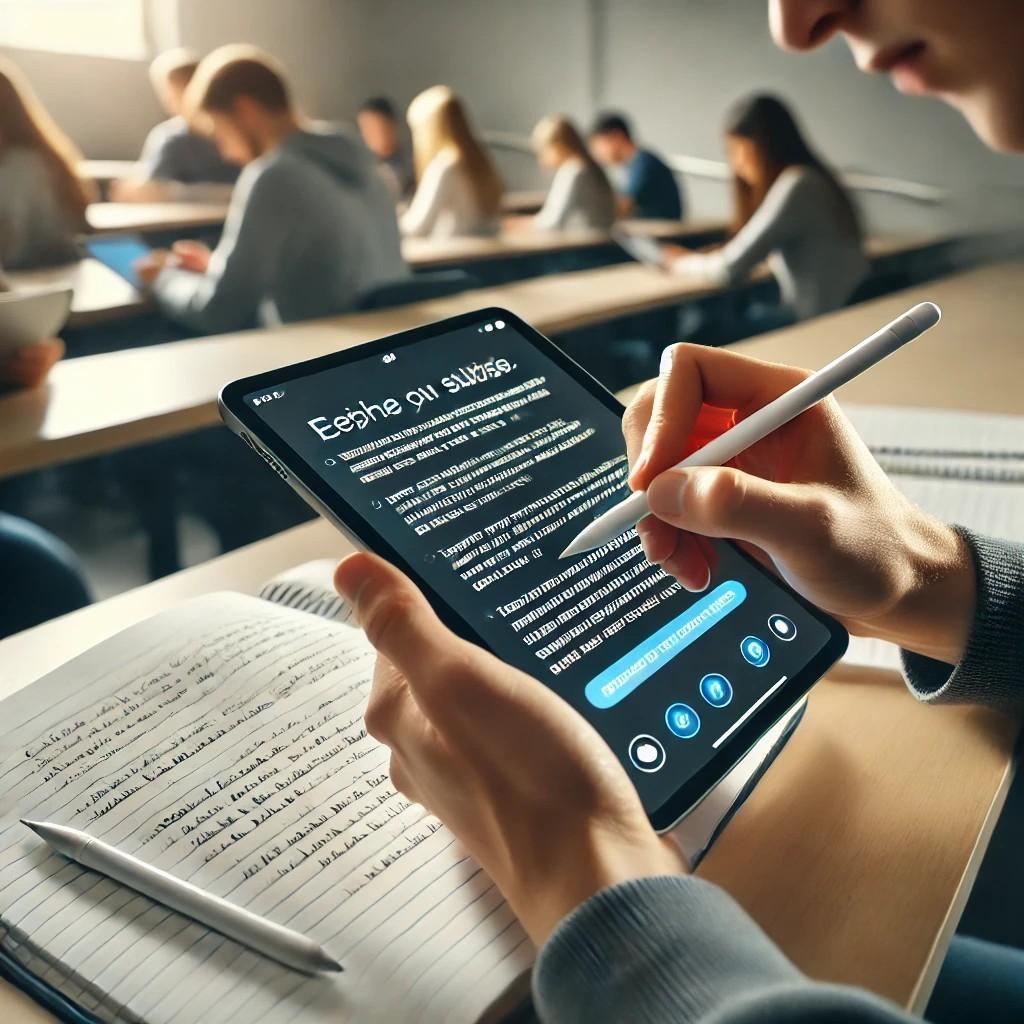 본문 이미지 - 대학생이 디지털기기로 대학교재를 읽으며 수업을 듣는 모습. (출처: 챗GPT, 교보문고 제공)