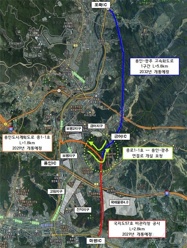 본문 이미지 - 용인시 처인구를 관통하는 '용인~광주민자도로'와 '국지도 57호선', '용인도시계획도로 중1-1호선' 계획 노선도.(용인시 제공)