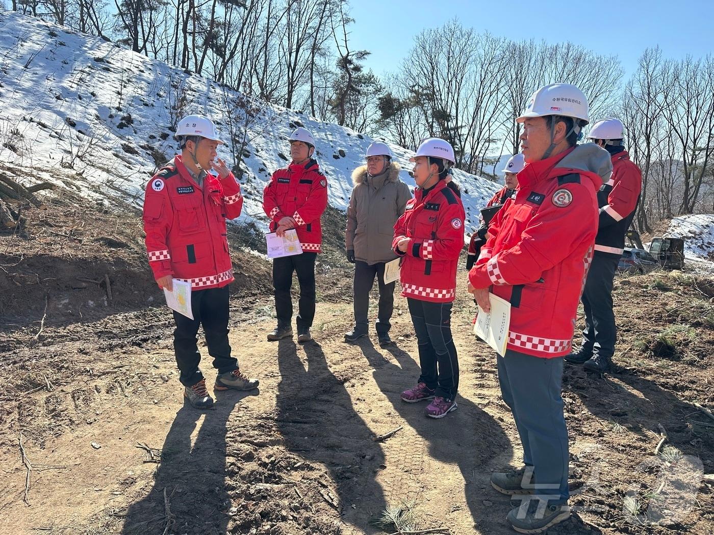 본문 이미지 - 강혜영 북부지방산림청장을 비롯한 관계자들이 지난 17일 경기 양평군 소나무재선충병 방제사업장을 찾아 방제 사업 현안과 안전관리 상황을 점검했다. (북부지방산림청 제공. 재판매 및 DB금지) 2025.2.18/뉴스1