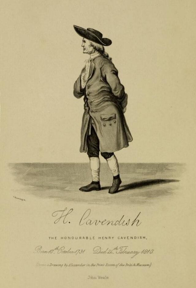 본문 이미지 - 헨리 캐번디시 (출처: Probably by Christian Rosenberg, published by John Weale, after William Alexander(1851), Public domain, via Wikimedia Commons)