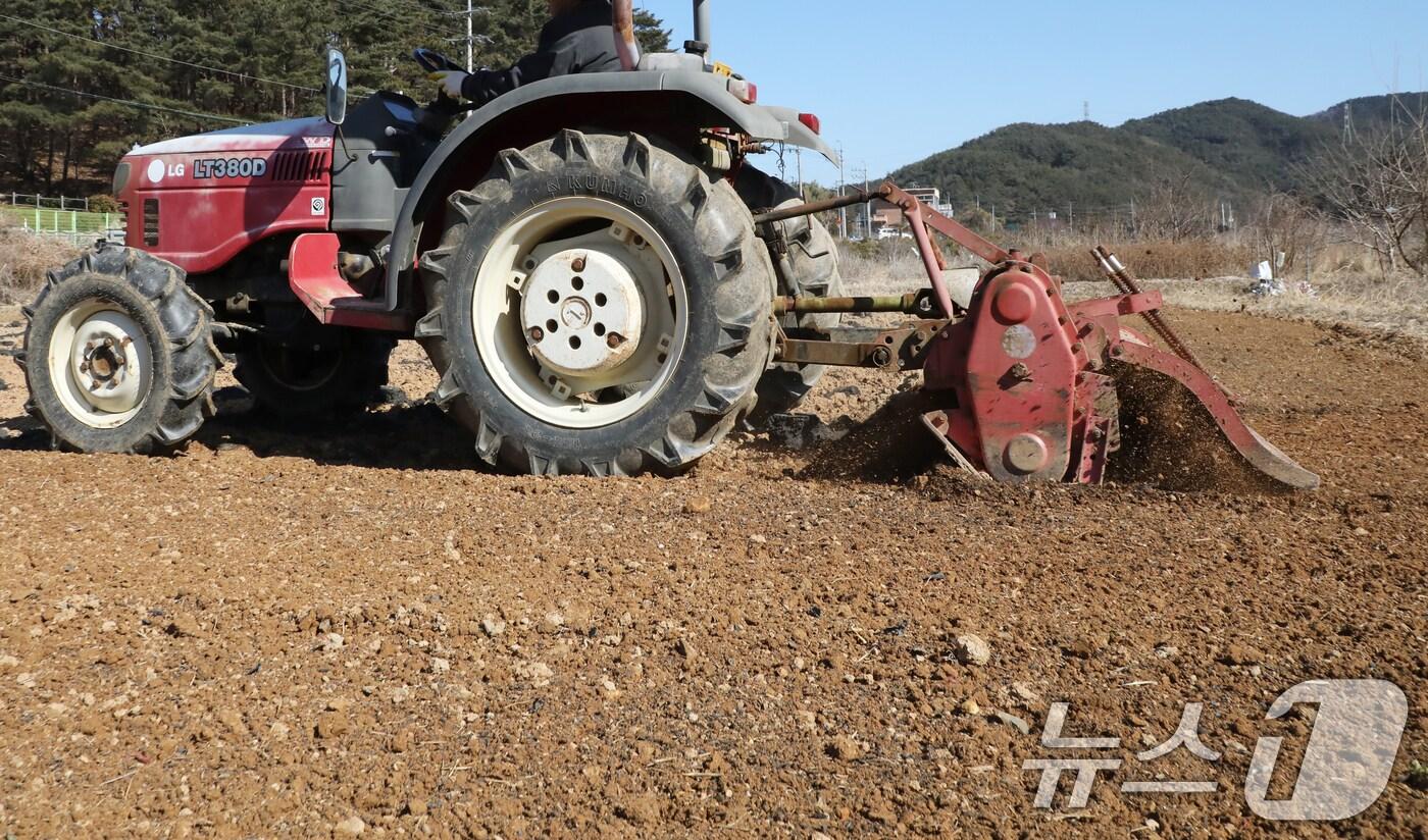 꽃샘추위가 기승을 부린 19일 오후 부산 기장군 철마면 한 들녘에서 농민이 트랙터를 이용해 밭갈이하며 농사를 준비하고 있다. 2025.2.19/뉴스1 ⓒ News1 윤일지 기자