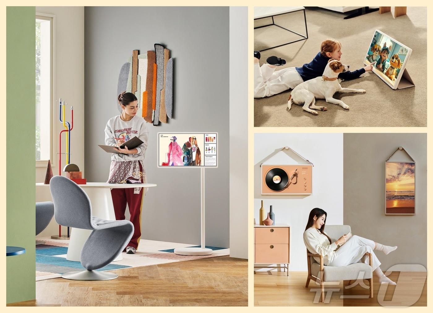 본문 이미지 - LG전자 모델들이 무빙휠 스탠드와 전용 액세서리를 활용해 LG 스탠바이미 2를 다양한 형태로 사용하는 모습(LG전자 제공). ⓒ 뉴스1