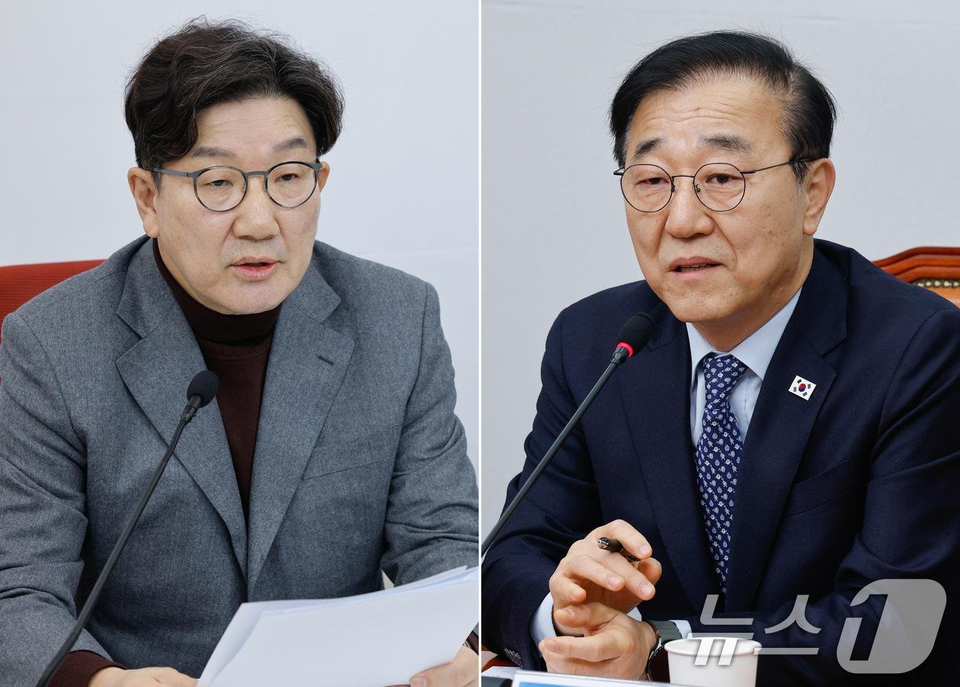 본문 이미지 - 권성동 국민의힘 원내대표&#40;왼쪽&#41;와 김윤덕 더불어민주당 사무총장이 2일 국회에서 각자 기자간담회를 하고 있다. 2025.2,2/뉴스1 ⓒ News1 안은나 기자