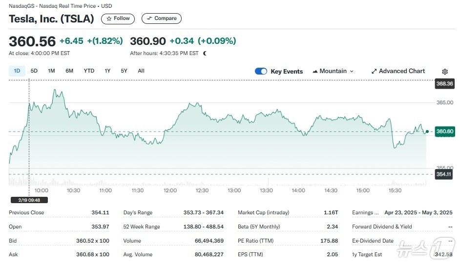 본문 이미지 - 테슬라 일일 주가추이 - 야후 파이낸스 갈무리