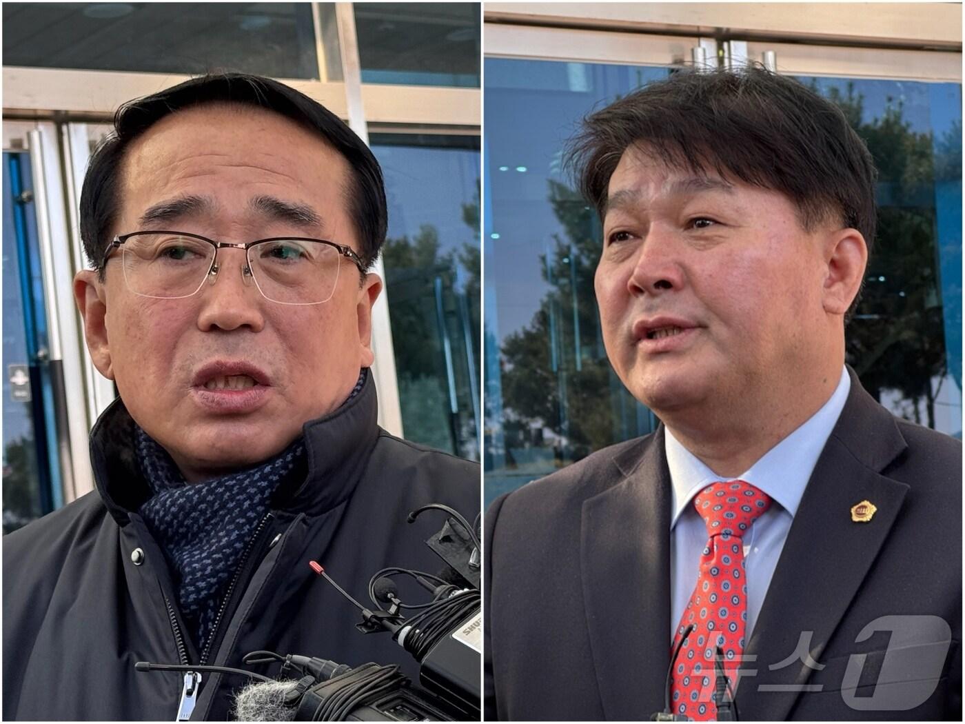 본문 이미지 - 울산시의회 안수일 의원(왼쪽)과 이성룡 의원(오른쪽)이 '의장 선출 결의 무효 확인 소송' 1심 선고기일인 20일 울산지방법원 앞에서 취재진의 질문에 답변하고 있다.2025.2.20./뉴스1 ⓒ News1 김세은 기자