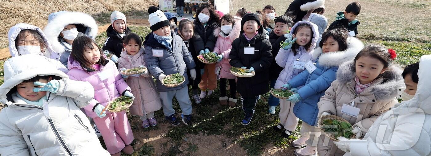 제53회 강진청자축제가 전남 강진군 대구면 청자촌 일원에서 열리고 있는 가운데 24일 다소 쌀쌀한 날씨에도 불구하고 축제장을 찾은 어린이들이 고사리 손으로 봄나물을 캐며 즐거운 한 때를 보내고 있다.(강진군 제공, 재판매 및 DB 금지) 2025.2.24/뉴스1 