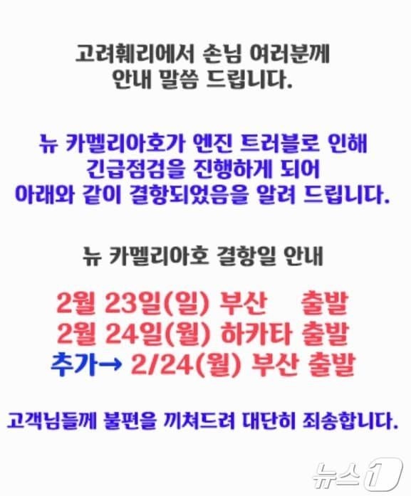 본문 이미지 - 뉴카멜리아호 결항 안내문.(뉴카멜리아호 홈페이지 갈무리. 재판매 및 DB 금지)