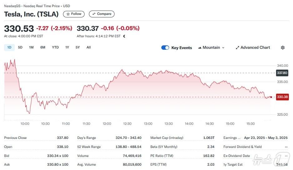 본문 이미지 - 테슬라 일일 주가추이 - 야후 파이낸스 갈무리