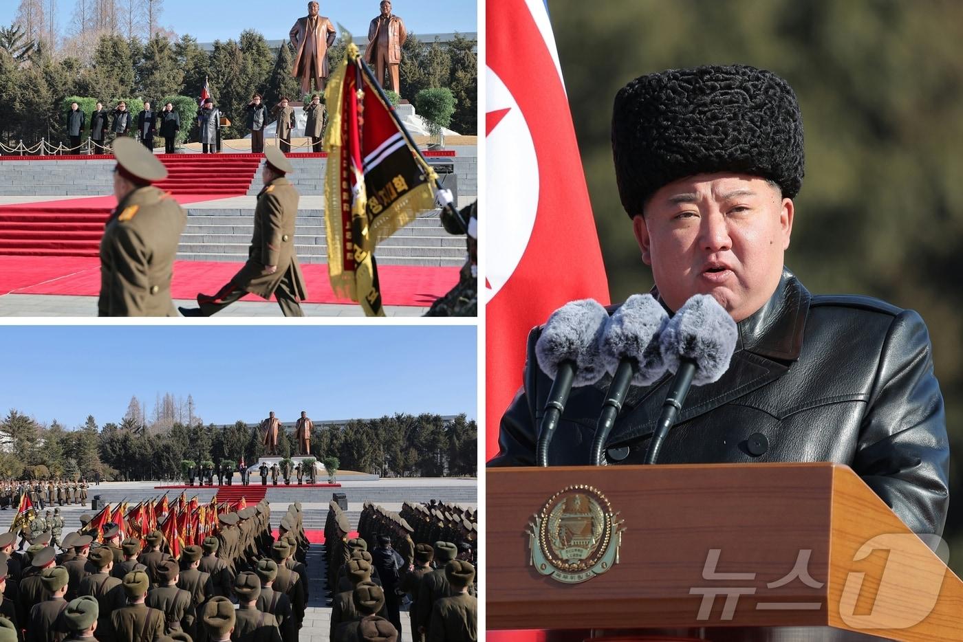 (평양 노동신문=뉴스1) = 북한 노동당 기관지 노동신문은 25일 "김정은동지께서 2월 24일 주체적혁명무력의 최고군사정치학원인 김일성정치대학을 방문했다＂고 보도했다. 그는 연설에서 ＂군대를 군사 기술적으로 무장시키기에 앞서 사상적으로 무장시키는 것이 군건설에서 중핵으로 군인과 무기, 사상을 무장력의 3대 요소로 간주한다＂라고 강조했다. [국내에서만 사용가능. 재배포 금지. DB 금지. For Use Only in the Republic of Korea. Redistribution Prohibited] rodongphoto@news1.kr