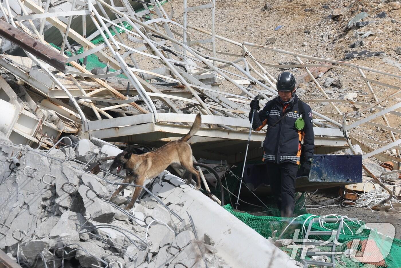 소방대원들이 25일 경기 안성시 서운면 산평리 서울세종고속도로 공사장 교량 붕괴 사고현장에서 구조작업을 펼치고 있다. 2025.2.25/뉴스1 ⓒ News1 김영운 기자