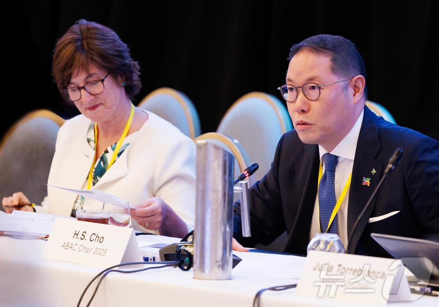 호주 브리즈번에서 ABAC회의를 주재하고 있는 조현상 HS효성 부회장과 왼편에 엘리자베스 워드 호주 APEC 대사.(대한상공회의소 제공) ⓒ News1 최동현 기자