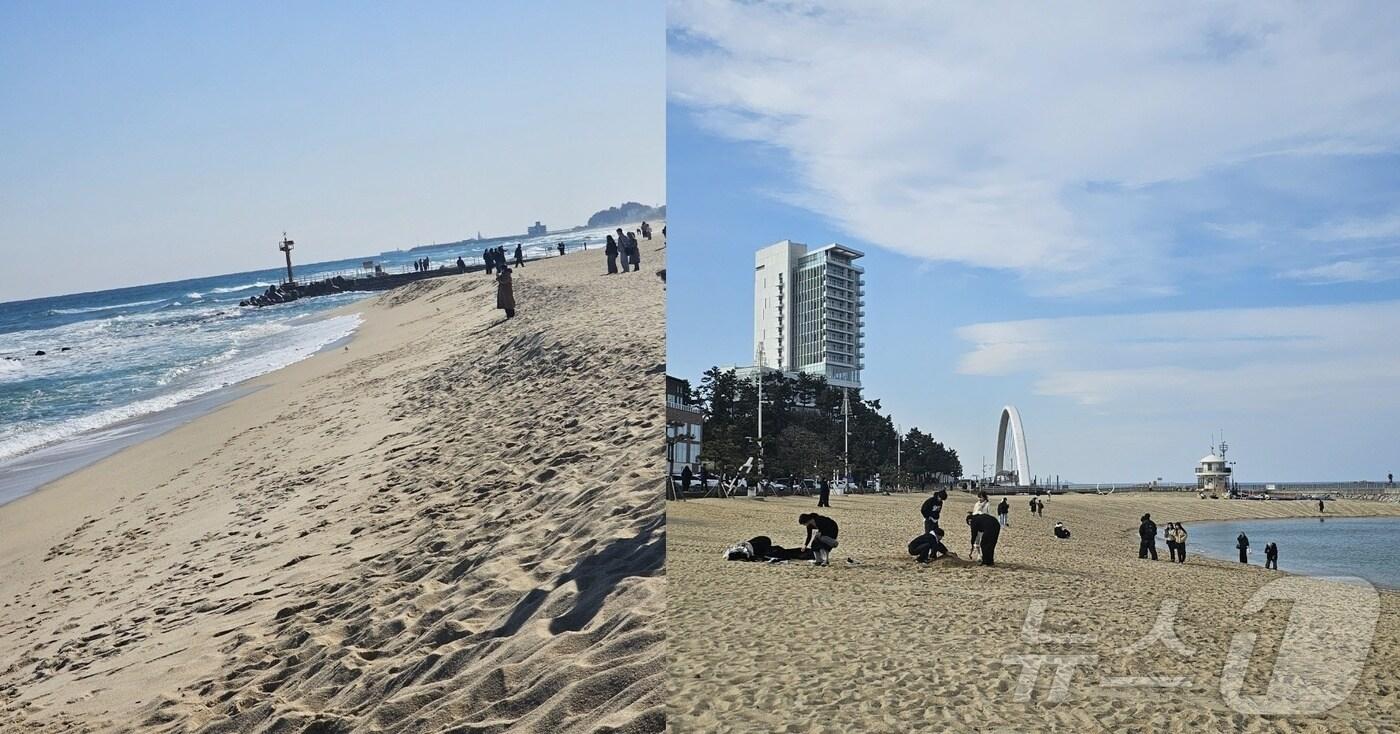 본문 이미지 - 백사장 평탄화 작업 전(사진 왼쪽)과 작업 후.(강릉시 제공, 재판매 및 DB 금지) 2025.2.26/뉴스1