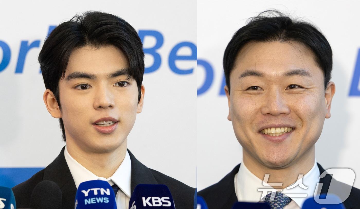 국제올림픽위원회&#40;IOC&#41; 선수위원에 도전하는 피겨 차준환&#40;왼쪽&#41;, 봅슬레이 메달리스트 원윤종이 26일 오후 서울 송파구 올림픽회관에서 열린 국내 후보 비공개 면접에 참석하기 전 인터뷰하고 있다. 2025.2.26/뉴스1 ⓒ News1 이승배 기자