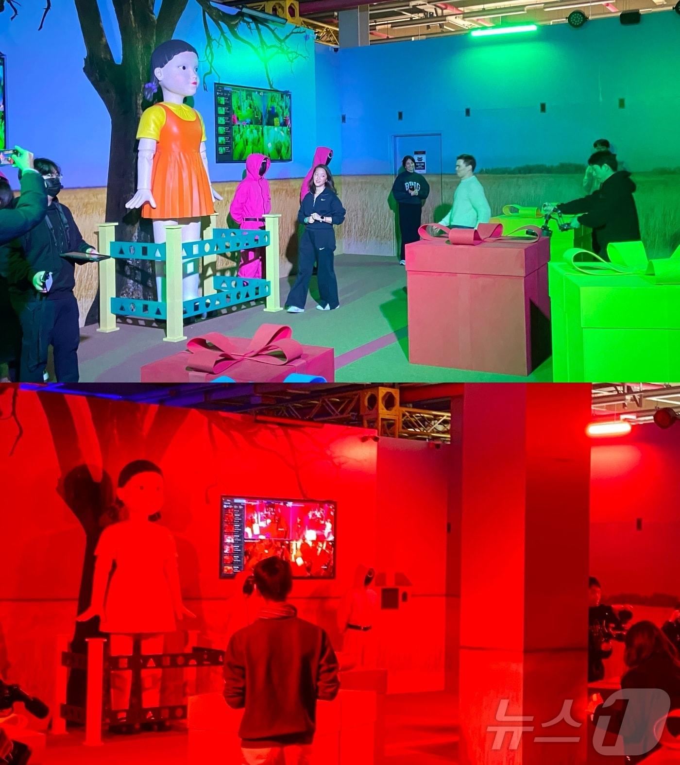 본문 이미지 - 넷플릭스 '오징어 게임'에 등장하는 '무궁화 꽃이 피었습니다' 게임 체험 장면. 제한 시간이 지나면 아래 사진처럼 실내에 붉은빛이 켜지고 이때 움직인 참가자들은 탈락한다. 2025.02.26. ⓒ 뉴스1 신은빈 기자