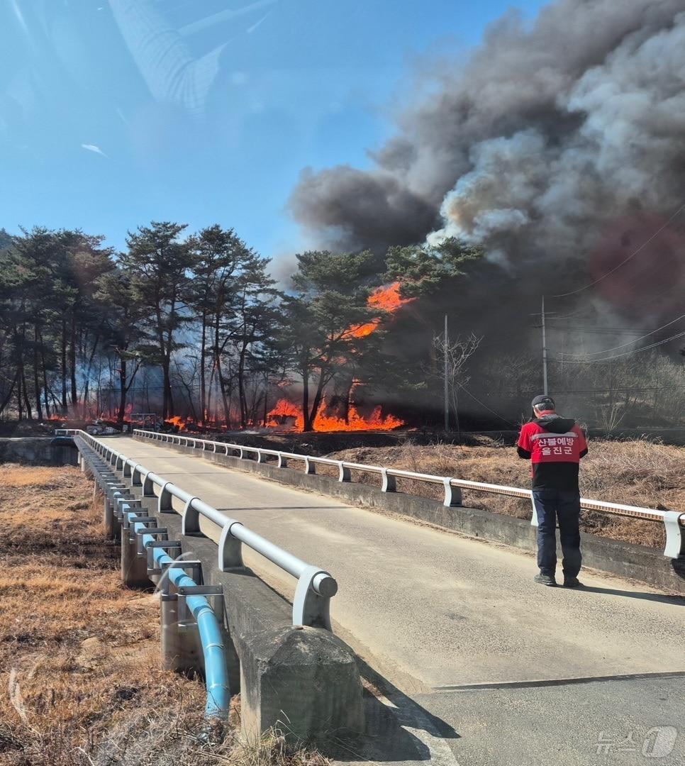 본문 이미지 - 27일 오후 1시16분쯤 경북 울진군 울진읍 읍남리의 야산에서 원인을 알 수 없는 불이 나 산림당국이 진화에 나섰다. 울진군은 SNS로 군민들에게 주민 대피령을 발령했다. (독자 제공) 2025.2.27/뉴스1 ⓒ News1 최창호 기자