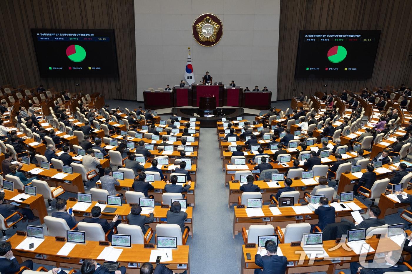 27일 오후 서울 여의도 국회에서 열린 제422회 국회(임시회) 제7차 본회의에서 방송통신위원회의&ensp;설치&ensp;및&ensp;운영에&ensp;관한&ensp;법률&ensp;일부개정법률안이 가결되고 있다 2025.2.27/뉴스1 ⓒ News1 이재명 기자