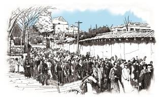 본문 이미지 - 3·1운동 당시 미국영사관 앞의 모습을 그린 펜 일러스트.(국가보훈부 제공)