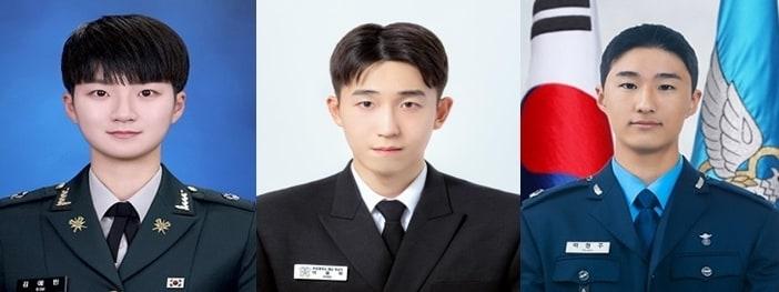 본문 이미지 - 2025년 학군장교 임관식에서 대통령상을 수상한 김예빈 육군 소위, 박종혁 해군 소위, 박형주 공군 소위.(육군 제공)