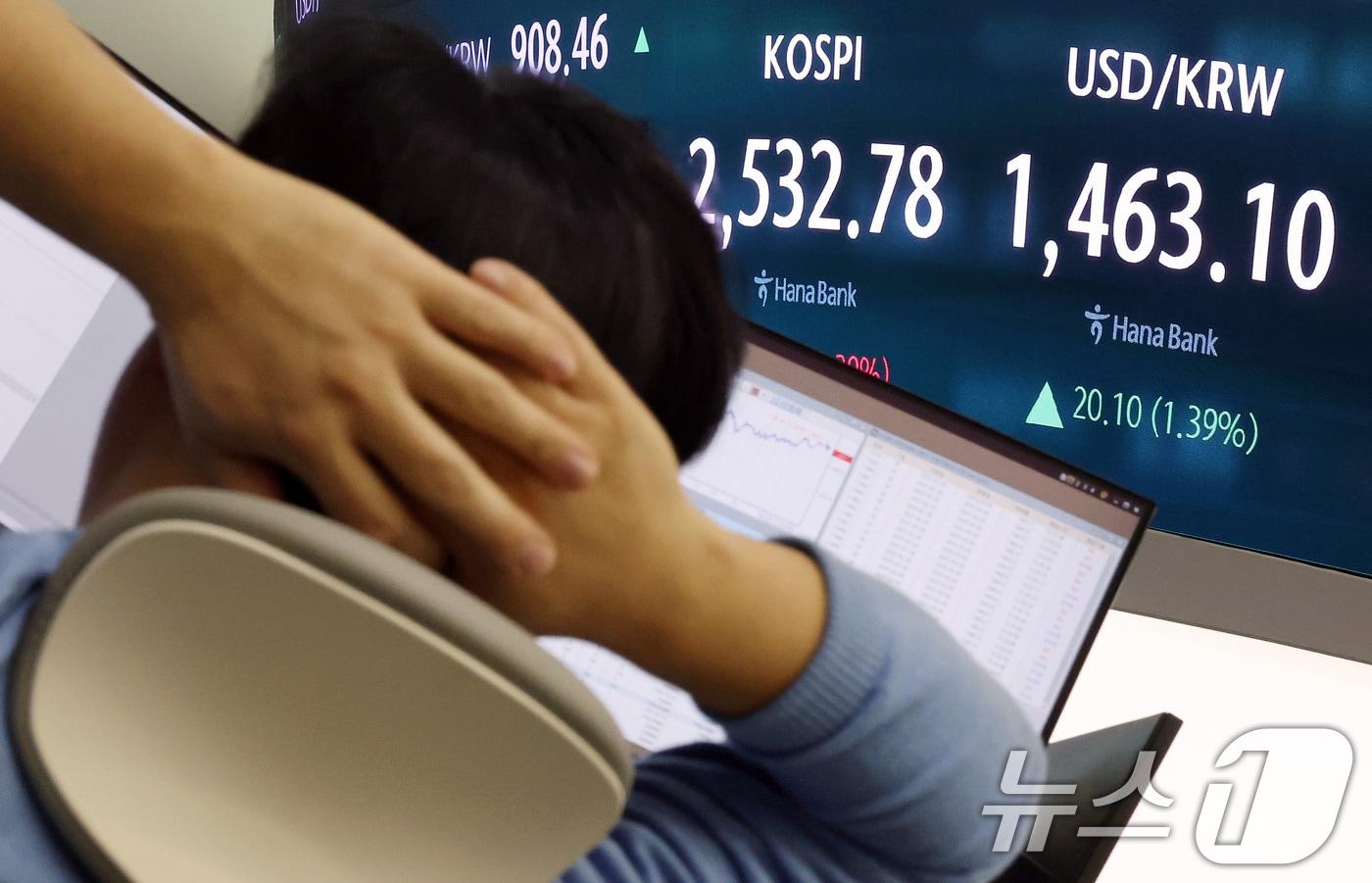 국내 증시가 급락세를 보인 2월 28일 서울 중구 하나은행 본점 딜링룸 전광판에 종가가 표시되고 있다. 이날 코스피 지수는 전 거래일 대비 88.97포인트&#40;p&#41;&#40;3.39%&#41; 하락한 2532.78, 코스닥 지수는 26.89p&#40;3.49%&#41; 하락한 743.96, 달러·원 환율은 20.4원 오른 1463.4원으로 장을 마감했다. 2025.2.28/뉴스1 ⓒ News1 이동해 기자