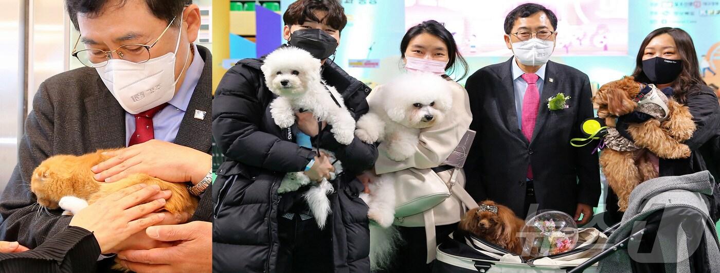 경주시가 '반려동물 친화 관광도시'로 선정돼 2028년까지 4년간 국비 등 20억원을 확보했다. 주낙영 시장이 동물사랑보호센터에서 유기묘를 돌보는 모습과 반려인들과 함께 기념촬영을 하는 모습. (경주시 제공) 2025.2.5/뉴스1 
