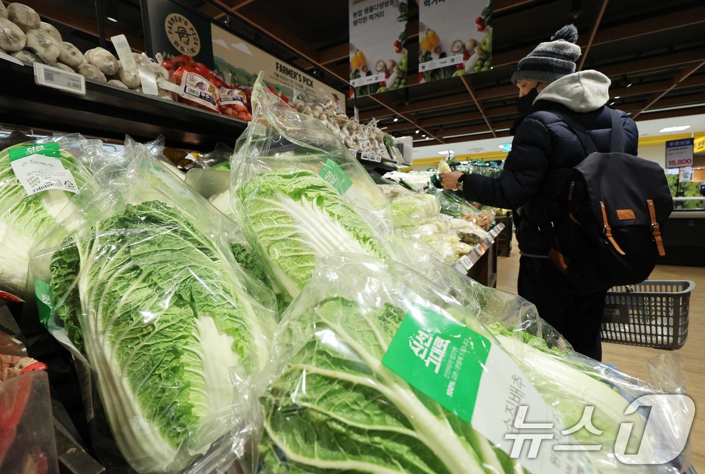 본문 이미지 - 5일 오후 서울의 한 마트를 찾은 시민이 채소를 구매하고 있다. 통계청이 이날 발표한 '2025년 1월 소비자물가동향에 따르면 지난달 소비자물가는 전년동월대비 2.2% 올라 다섯 달 만에 다시 2%대로 치솟았다. 특히 채소류 물가가 4.4% 오르며 물가 상승을 견인한 가운데 품목별로 무 79.5%, 당근 76.4%, 배추 66.8% 순으로 올랐다. 2025.2.5/뉴스1 ⓒ News1 장수영 기자