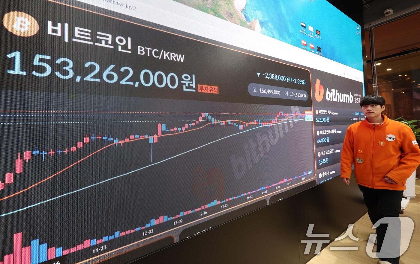 지난 5일 오후 서울 서초구 빗썸라운지 전광판에 비트코인 시세가 표시되고 있다.  2025.2.5/뉴스1 ⓒ News1 김명섭 기자